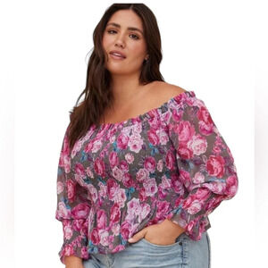 Torrid Crinkle Floral Chiffon Smocked Ruffle Off Shoulder Crop Top Blouse Size 1